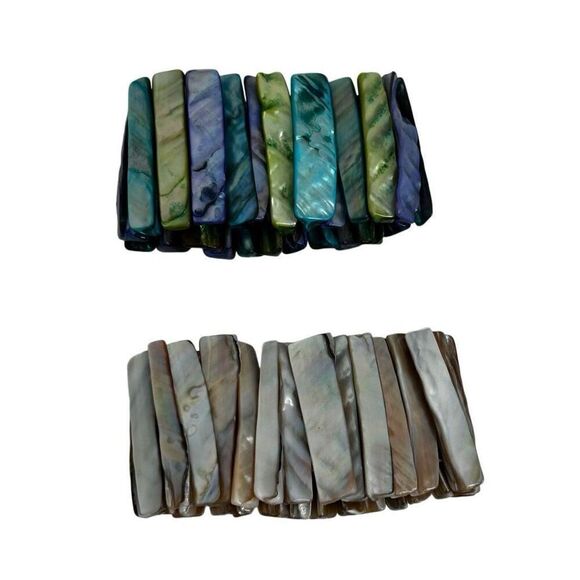 Lot Of 2 Vtg MOP Abalone Seashell Bracelet Silver-tone & Multicolor Dyed Stretch - Picture 7 of 7